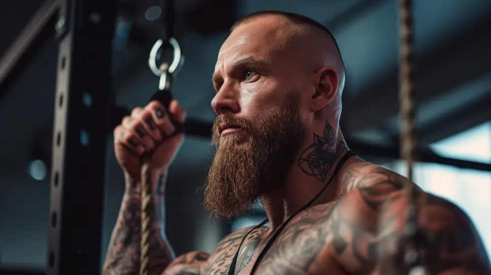 En muskulös man med skägg och tatueringar håller i ett rep inne i ett gym, som förkroppsligar essensen av styrketräning. Ljussättningen framhäver hans bestämda uttryck och de detaljerade tatueringarna på armar och bröst, medan gymutrustningen i den något suddiga bakgrunden kompletterar den intensiva atmosfären.