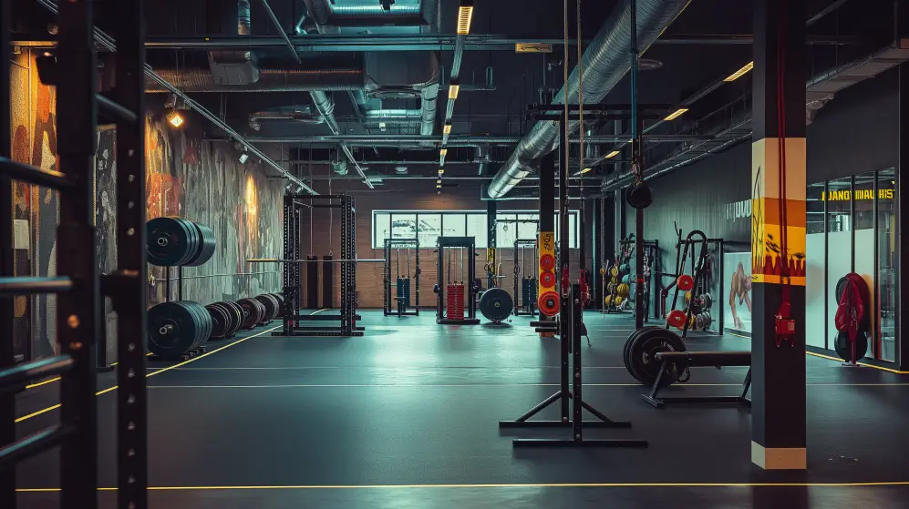 En modern gyminredning har tyngdlyftsutrustning, inklusive skivstänger, kettlebellträningstationer och bänkar. Det väl upplysta utrymmet med stora fönster och mörka golv är organiserat för att bygga explosiv styrka över olika träningsstationer och träningsutrustning.