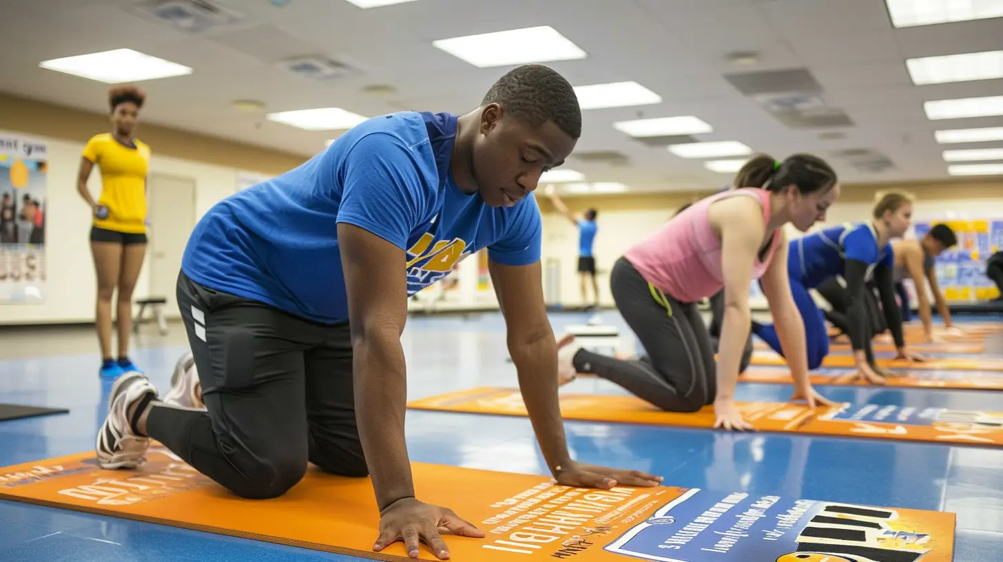 En grupp människor i atletiska kläder deltar i en core-träning fitnessklass. De står på knä på yogamattor i ett ljust, rymligt rum med affischer på väggarna. Fokus ligger på en man i blå skjorta framtill, som förkroppsligar den ultimata guiden för att bemästra dessa övningar.