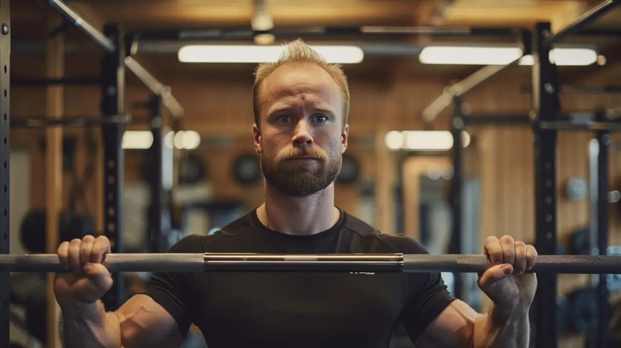 En man i svart skjorta håller i en skivstång i axelhöjd inne på ett gym och visar sitt engagemang för funktionell styrketräning. Bakgrunden har gymutrustning och träpaneler, medan varm belysning accentuerar hans fokuserade uttryck, då han siktar på att göra skillnad i sin träningsresa.