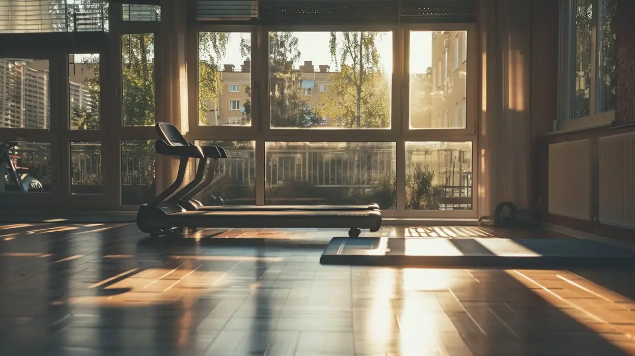 Ett solbelyst rum med trägolv har ett löpband och en yogamatta, perfekt för enkel och effektiv hemmaträning. Stora fönster avslöjar en utsikt över träd och byggnader utanför, vilket låter varmt solljus översvämma utrymmet.