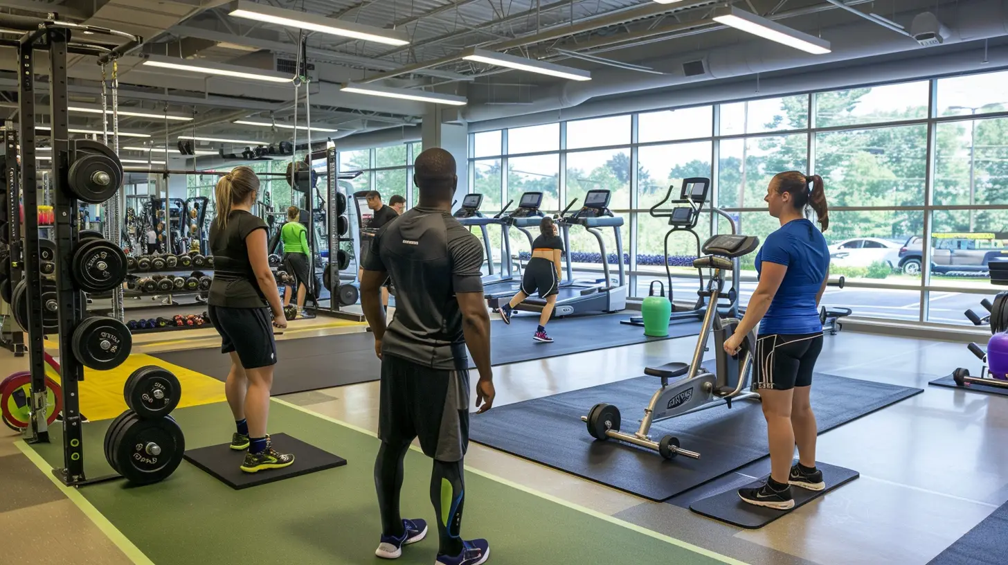 Folk tränar i ett gym med stora fönster, med fokus på skadeförebyggande övningar. Vissa använder vikter medan andra stretchar på mattor. Olika utrustningar är synliga och naturligt ljus fyller utrymmet genom fönstren, vilket skapar en uppfriskande atmosfär för förebyggande träning.