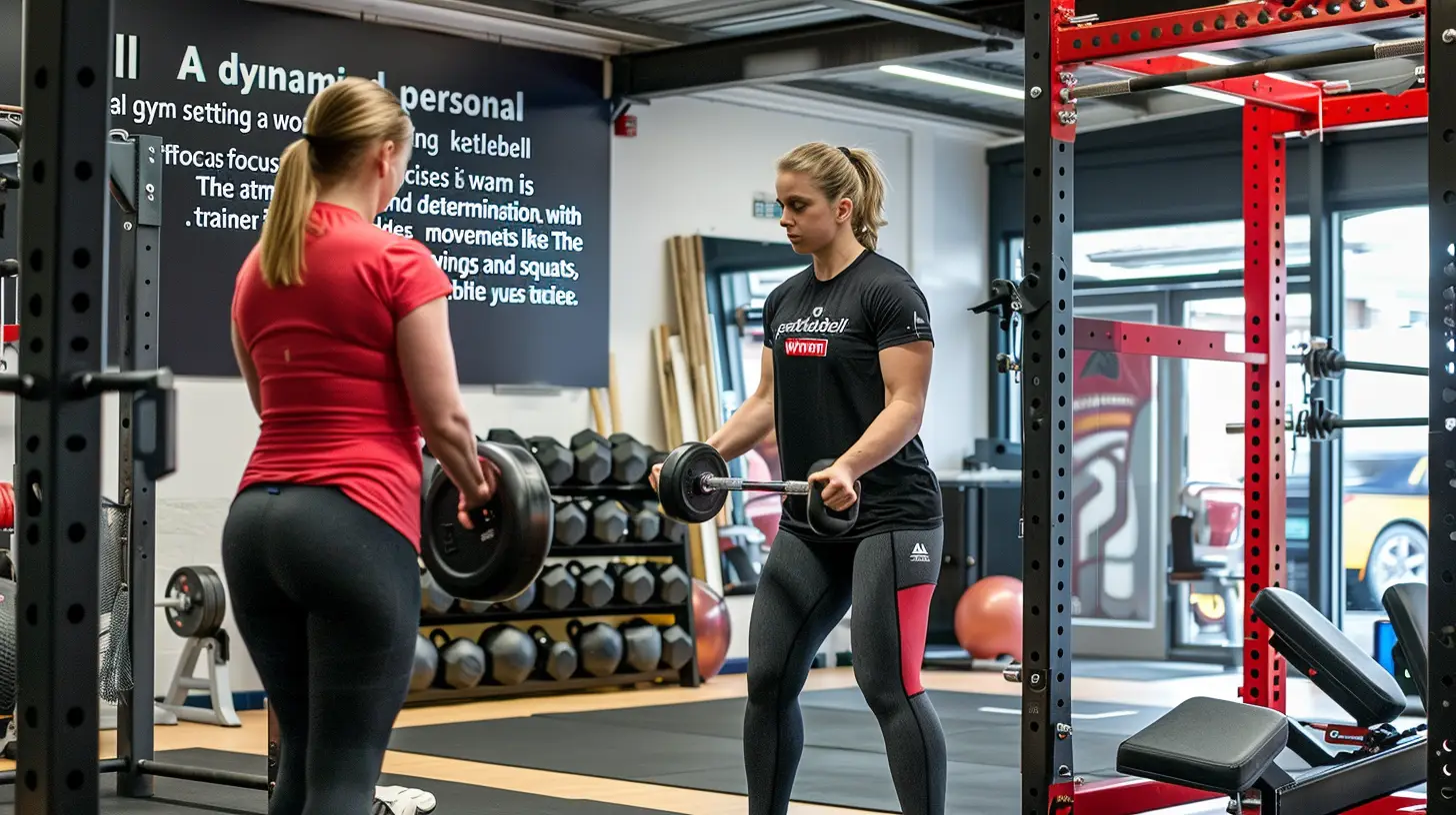 Två kvinnor i atletisk utrustning är på gymmet och fokuserar på tyngdlyftning och kettlebell-träning. Den ena håller i en skivstång medan den andre observerar. Gymmet har vikter, ett knäböjsställ och en motivationsskylt som deklarerar "förändrade mitt liv.