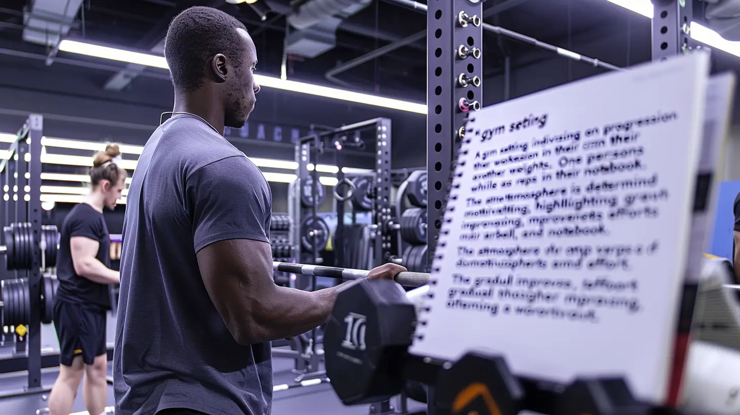 En person som lyfter en skivstång i ett gym, omgiven av tyngdlyftsutrustning, är engagerad i progression. I förgrunden innehåller ett urklipp handskrivna anteckningar om träningsinställningar. Gymmet har en modern, industriell design med mörka golv och stark takbelysning.