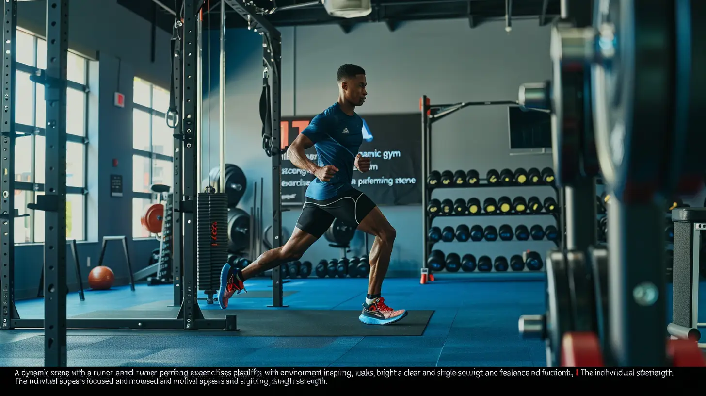 En person i atletisk kläder springer på ett löpband i ett gym, omgiven av vikter och träningsredskap för styrketräning. Solljus strömmar genom fönstren och skapar en ljus och motiverande atmosfär som inspirerar dem att gå snabbare.