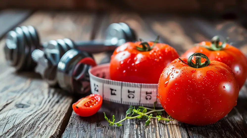 Färska tomater sitter på en rustik träyta tillsammans med ett måttband och hantlar, vilket tyder på ett tema om hälsosamt liv och fitness. En halverad körsbärstomat och en kvist grönska ger detaljer och ställer frågan: Hur många kalorier bränner man per dag utan träning?.