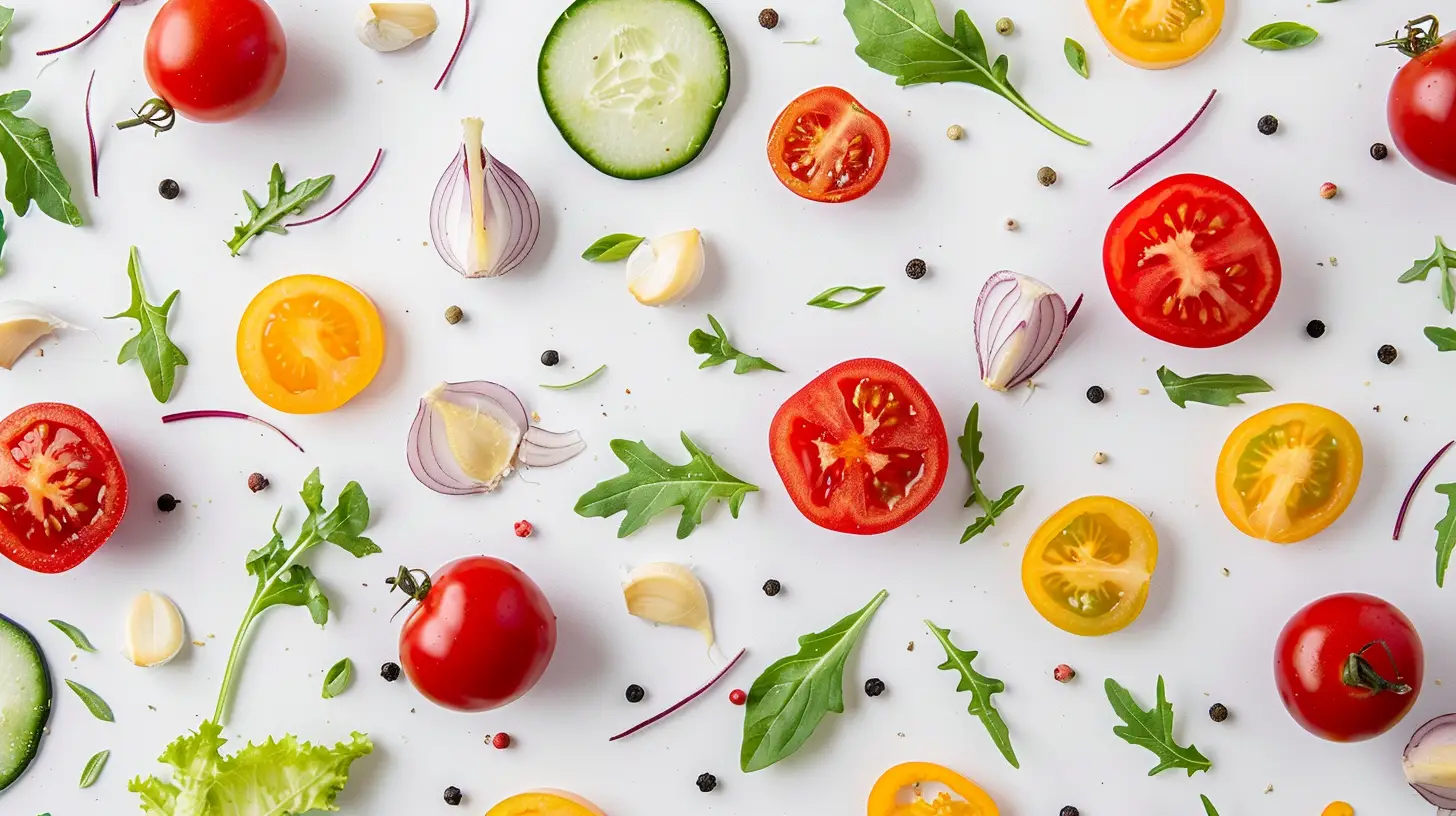 Ett spritt sortiment av skivade röda och gula körsbärstomater, gurkskivor, vitlöksklyftor, lila lökskivor, ruccolablad och pepparkorn på vit bakgrund skapar en levande sallad perfekt för dem som vill gå ner i vikt.