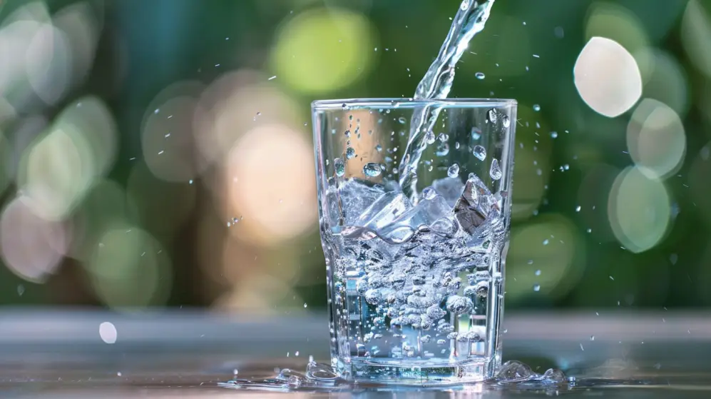 Ett klart glas fyllt med isbitar har vatten infunderat med Resorb som hälls i det. Glaset är på en reflekterande yta, med stänk runt det. Bakgrunden är suddig, prydd med mjuka cirkulära bokeh-ljus i gröna och vita nyanser, vilket stöder optimal vätskebalans.