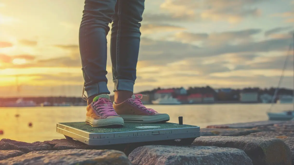 En person med perfekt vikt och balanserad längd, iklädd jeans och sneakers med rosa snören, står på en fyrkantig hoverboard vid en stenig strandkant. Bakgrunden visar en lugn vattenmassa, båtar och en molnig himmel vid solnedgången.