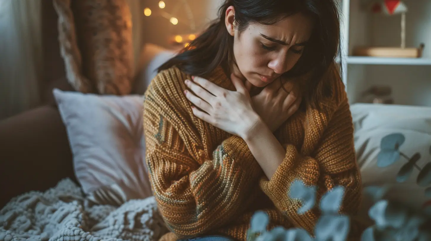 En kvinna sitter inomhus på en soffa, håller om bröstet med båda händerna och tittar ner med ett smärtsamt uttryck, antyder stress eller ångest, iklädd en mysig senapsgul tröja i ett mjukt upplyst, bekvämt rum.