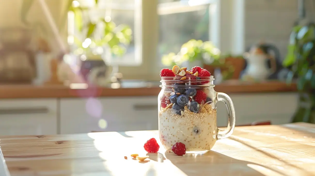 En glasburk fylld med havregryn, blåbär, hallon och nötter står på ett träbord i ett solbelyst kök – en inbjudande scen med havre över natten, perfekt som ett nyttigt frukostval med suddiga växter och köksutrustning i bakgrunden.