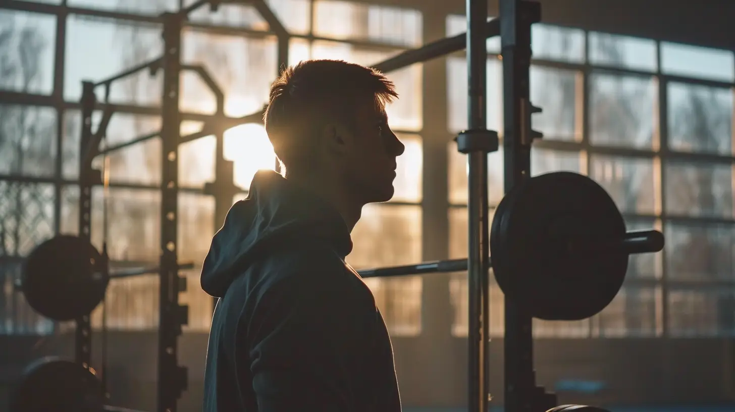 En person i en luvtröja står på ett gym nära ett skivstångsställ, siluetterad av solljusets mjuka sken genom stora fönster. Stämningen är lugn och fokuserad, påminner om att följa ett träna hemma-schema som erbjuder disciplinen och fördelarna med träning gratis hemma.